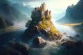 Castle on river island at sunset, fantasy mountain landscape, illustration, generative AI Royalty Free Stock Photo