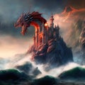 A castle on a rock with a guardian dragon around a stormy sea, sci-fi fantasy landscape. Generative Ai