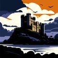 Castle on the rock in the sea at sunset. Vector illustration Generative AI Royalty Free Stock Photo