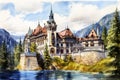 Castle in Romania. Beautiful painting of Peles Castle, Carpathian Mountains scenic landscape