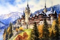 Castle in Romania. Beautiful painting of Peles Castle, Carpathian Mountains scenic landscape