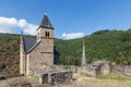 Castle ruin and church tower village Esch-sur-Sure in Luxembourg Royalty Free Stock Photo