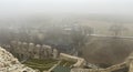 Castle ruins in Rabsztyn in Poland in foggy weather.