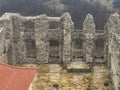 Castle ruins in Rabsztyn in Poland in foggy weather.