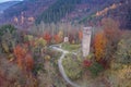 Castle ruins Waldenburg the oldest profane cultural monument with the surrounding landscape from a bird\'s eye view