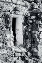 Castle ruins window view concept photo. Ruined ancient castle in Ukraine.