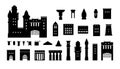 Castle silhouette. Medieval fortress constructor kit with towers walls and gate black elements. Vector ancient gothic