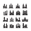 Castle silhouettes. Medieval fortress ancient towers vector flat buildings kingdom Royalty Free Stock Photo