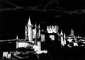 Castle silouette in black and white Scraping graphics technique