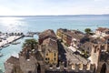 Castle in sirmione top view. View from the top of the castle walls of Scaliger Castle inside Lake Garda. Sirmione, Italy. Nature Royalty Free Stock Photo