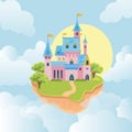 Castle in sky. fairytale medieval building in flying island. Pink walls and towers kingdom architectural object in sky Royalty Free Stock Photo