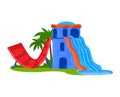 Castle slide, fun activity in outdoor water park vector illustration. Cartoon summer holiday leisure, pool design for Royalty Free Stock Photo