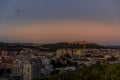 Castle Spilberk time-lapse captured in wide before sunset and castle turn on red light view in Brno city streets with building and