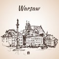 Castle Square in the old quarter of Warsaw, Poland. Sketch. Isolated on white background