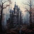 castle stand tall in a dark forest surrounded by a dead and leafless trees generated AI Royalty Free Stock Photo