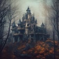 castle stand tall in a dark forest surrounded by a dead and leafless trees generated AI Royalty Free Stock Photo
