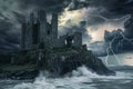 A castle stands tall amidst the turbulent waves of a stormy sea, enduring the harsh weather, Ancient castle weathering a violent