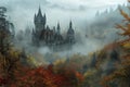 A castle stands tall in the midst of a foggy forest, creating an eerie and atmospheric scene, Gothic castle hidden in the chill