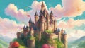 Castle surrounded by lush greenery and a winding river. Turrets rise into the sky, and colorful in art photography generative ai