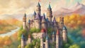 Castle surrounded by lush greenery and a winding river. Turrets rise into the sky, and colorful in art photography generative ai