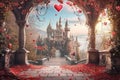 Castle Surrounded by Roses, Majestic Painting of a Medieval Stronghold in a Sea of Blooms, A magical fairy-tale castle backdrop Royalty Free Stock Photo