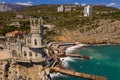 Castle Swallow`s Nest, Crimea. Castle is located in the urban area of Gaspra, Yalta. Aerial shot