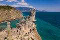 Castle Swallow`s Nest, Crimea. Castle is located in the urban area of Gaspra, Yalta. Aerial shot Royalty Free Stock Photo