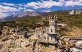 Castle Swallow`s Nest on a rock at Black Sea, Crimea. Castle is located in the urban area of Gaspra, Yalta. Aerial view Royalty Free Stock Photo