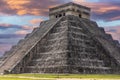 The castle and temple of Chichen Itza known as the famous Mayan pyramid of Mexico under an apocalyptic orange sky. Royalty Free Stock Photo