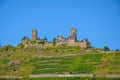 The castle Thurant in HunsrÃÂ¼ck on the Alkener castle mountain which is planted with grapes with blue sky