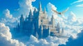 A castle is on top of a mountain, with a blue sky and clouds in the background Royalty Free Stock Photo