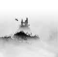 Castle on the top of mountain with forest under the fog clouds and dragon flying in the sky near the fortress. Vector Royalty Free Stock Photo