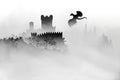 Castle on the top of mountain with forest under the fog clouds and dragon flying in the sky near the fortress. Vector