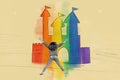 Castle tower comics drawing illustration collage of jumping woman watching fairytale surreal lgbt pride home isolated on Royalty Free Stock Photo