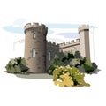 Castle, romantic, tower, fortress, landscape, middle ages. Illustration, postcard, calendar, game