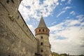 Castle tower stone old medieval architecture heritage object exterior shape foreshortening from the close above point in clear