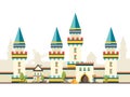 Castle with towers. Horizontal brick wall from castle with big wooden door vector flat pictures Royalty Free Stock Photo