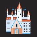 Castle with towers isolated on black background as tourism concept, old european city, medieval retro architecture, flat or