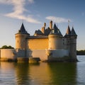 A castle with turrets, a moat, and a drawbridge entrance2, Generative AI Royalty Free Stock Photo