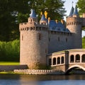 A castle with turrets, a moat, and a drawbridge entrance4, Generative AI Royalty Free Stock Photo
