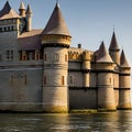 A castle with turrets, a moat, and a drawbridge entrance3, Generative AI Royalty Free Stock Photo