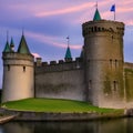 A castle with turrets, a moat, and a drawbridge entrance1, Generative AI Royalty Free Stock Photo
