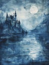 Castle at twilight, deep blues and soft grays, Watercolor, hand drawing