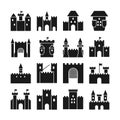 Castle vector icons. Medieval walls and gothic tower black silhouettes