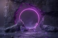 A castle wall shows a glowing violet arcane frame surrounded by rocks and stones. The scene is set at night with dim lighting Royalty Free Stock Photo