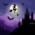 Dark gothic picture made up of medieval castle, witch and bats on the backdrop of moon.