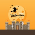 Castle with witch flying over the moon Royalty Free Stock Photo