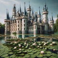 Castle Wonderland: AI Generated Moat with Lily Pads and Flowers Royalty Free Stock Photo