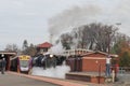 The R 711 Steamrail steam engine and a Public Transport V/locity train cross paths at Castlemaine railway station