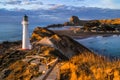 Castlepoint lighthouse, beautiful sunrise colours. New Zealand Royalty Free Stock Photo